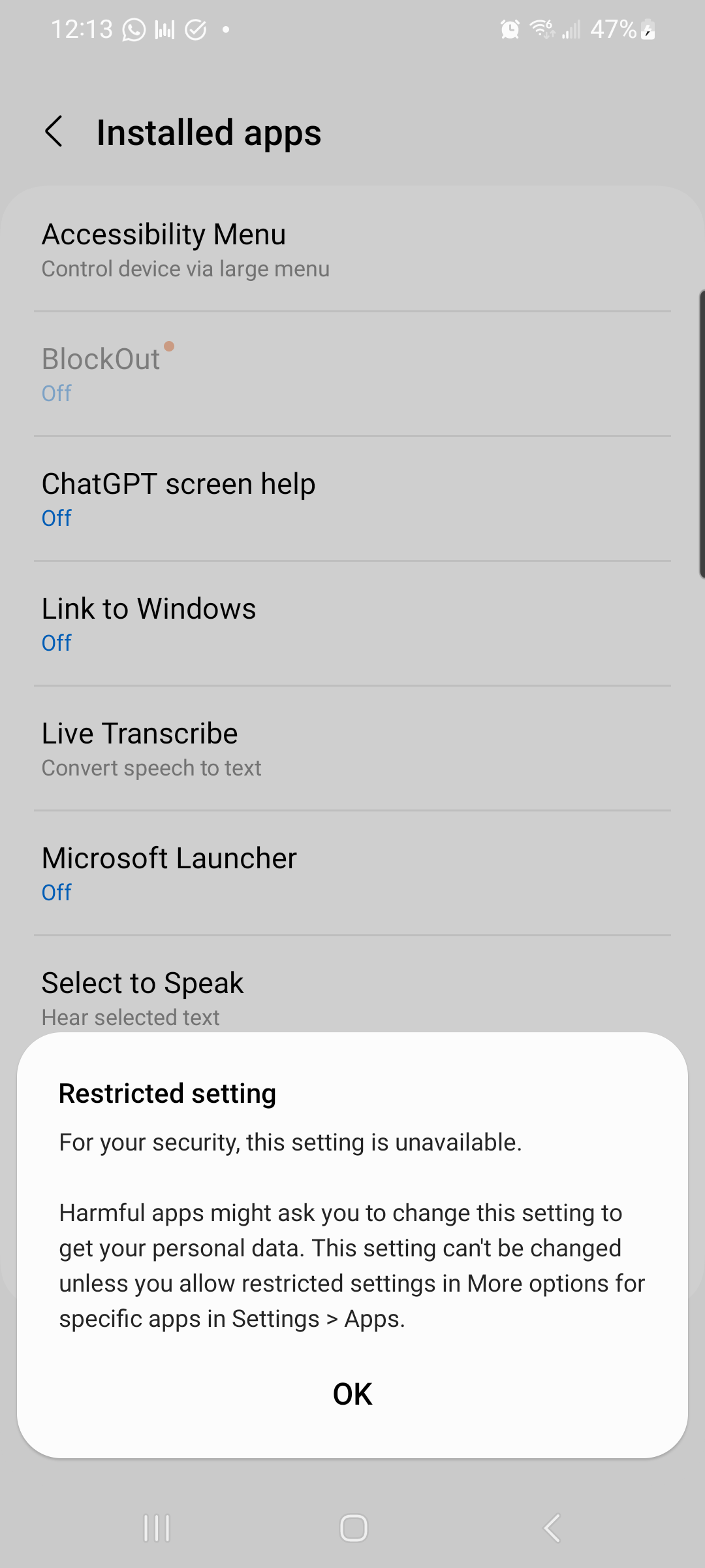 Accessibility Service grayed out with Restricted setting label